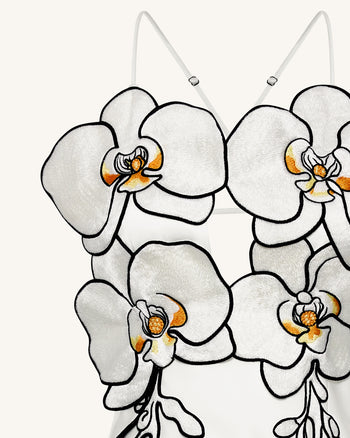 Orchideen besticktes Kleid - Weiß/Schwarz