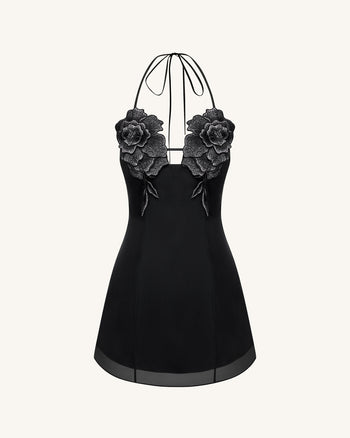 Blumen besticktes Minikleid - Schwarz