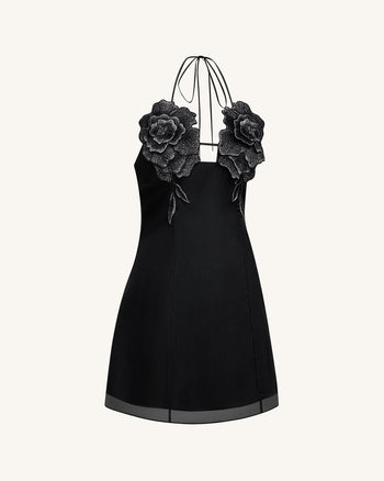 Blumen besticktes Minikleid - Schwarz