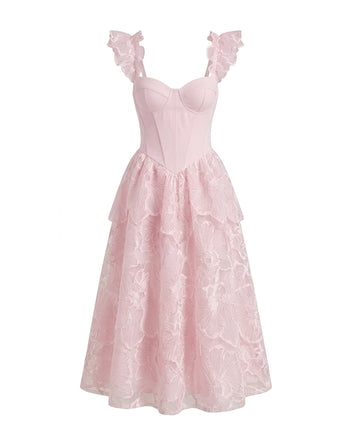 Midikleid mit Flatterärmeln und Orchideen-Stickerei - Zartrosa