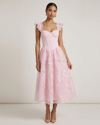 Midikleid mit Flatterärmeln und Orchideen-Stickerei - Zartrosa