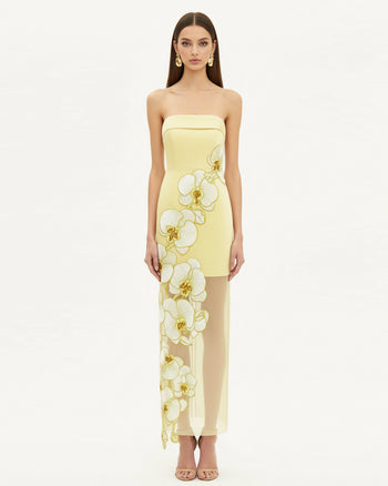 Kleid mit Orchideenstickerei – Gelb