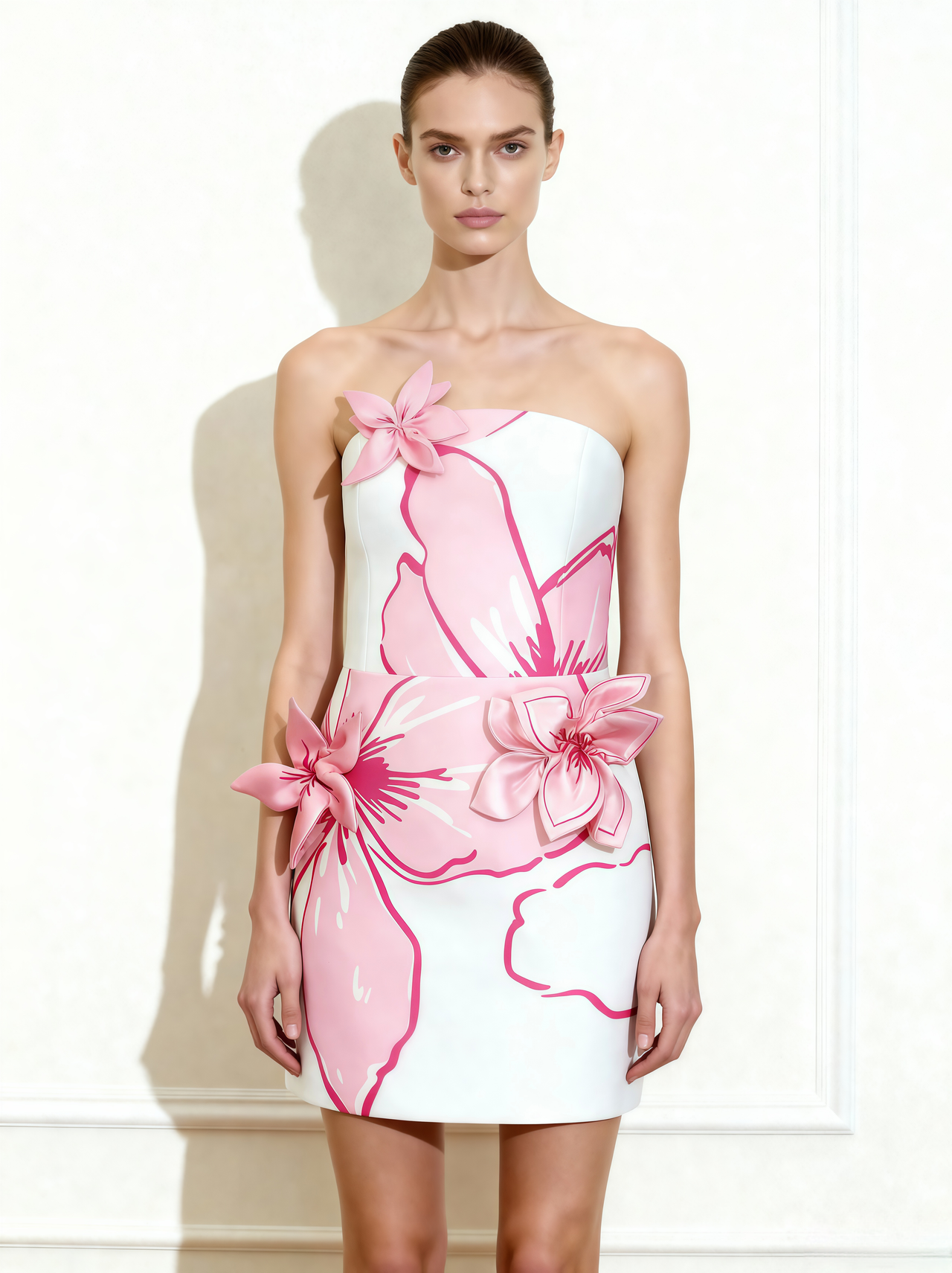 Minikleid mit rosa Blumenapplikationen – Weiß/Rosa