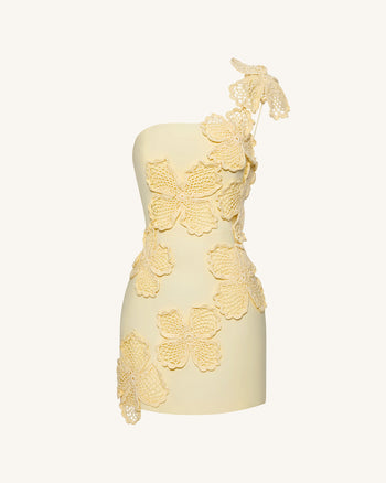 Häkel-Minikleid mit Blumenapplikation - Gelb