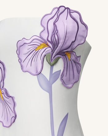 Schulterfreies Kleid mit Irisblumenmuster – Weiß