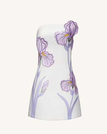 Schulterfreies Kleid mit Irisblumenmuster – Weiß