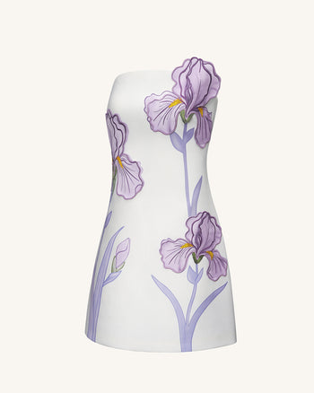 Schulterfreies Kleid mit Irisblumenmuster – Weiß