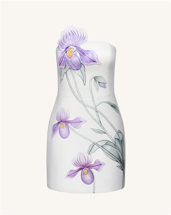 Slipper-Orchideen-Applikation Minikleid – Weiß