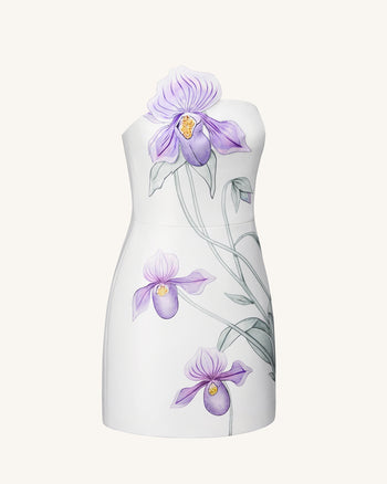 Slipper-Orchideen-Applikation Minikleid – Weiß