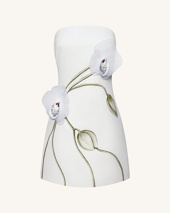 Trägerloses Kleid mit Orchideen-Applikation - Weiß