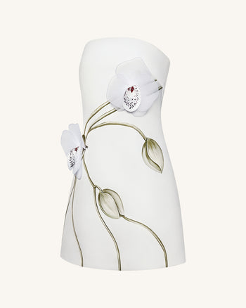 Trägerloses Kleid mit Orchideen-Applikation - Weiß