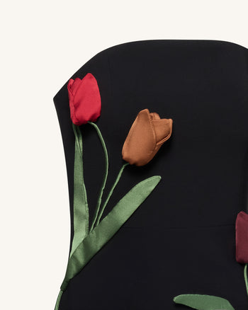 Tulpen-Applikation trägerloses Kleid - Schwarz