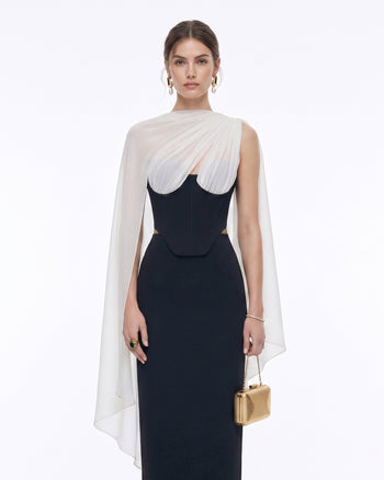 Trägerloses Korsett-Top mit transparentem Cape - Schwarz & Weiß