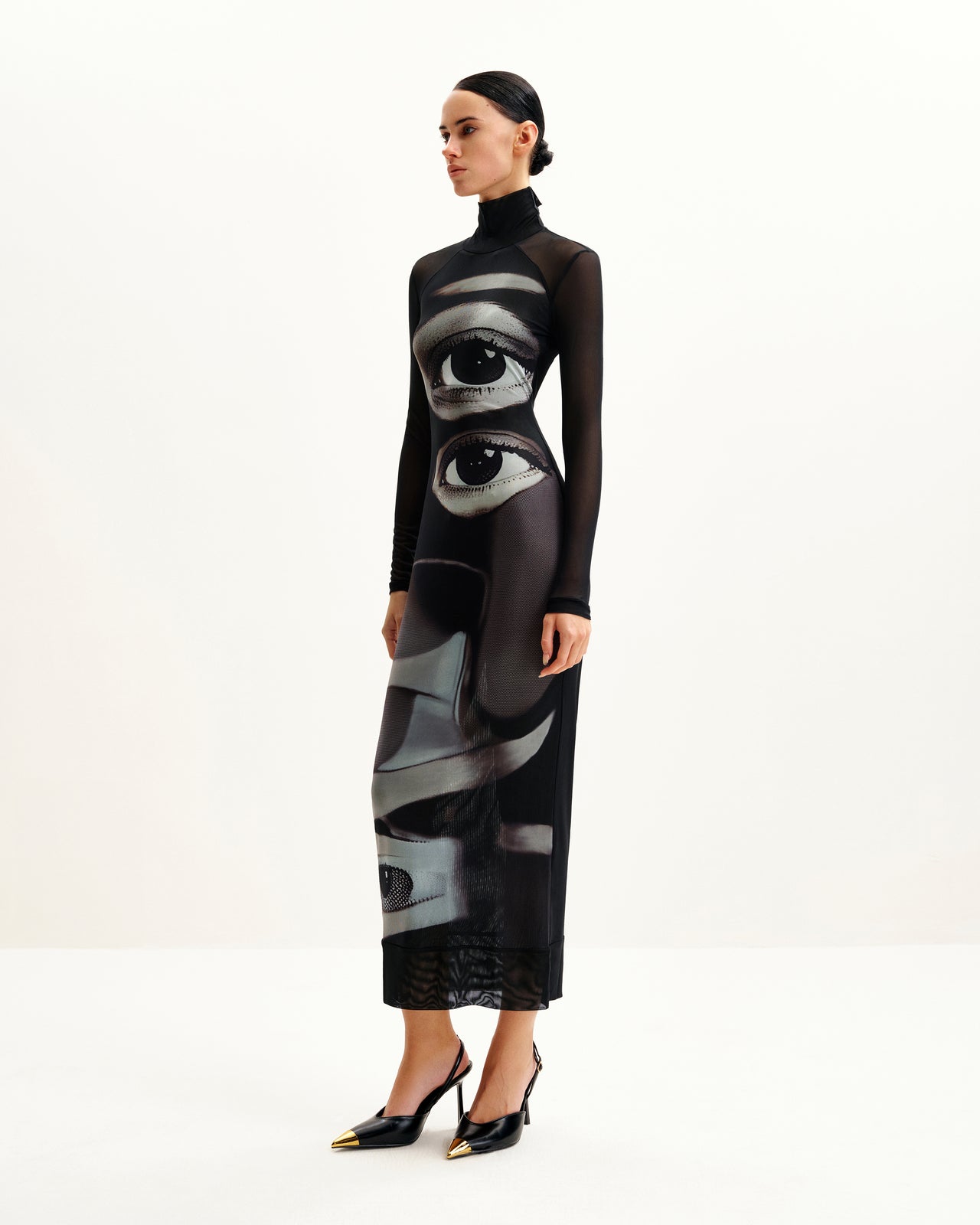 Sophia Kleid mit Augenmuster aus Mesh - Schwarz/Weiß