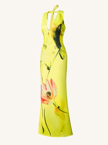 Satinkleid mit Blumenmuster und Neckholder – Gelb/Pink