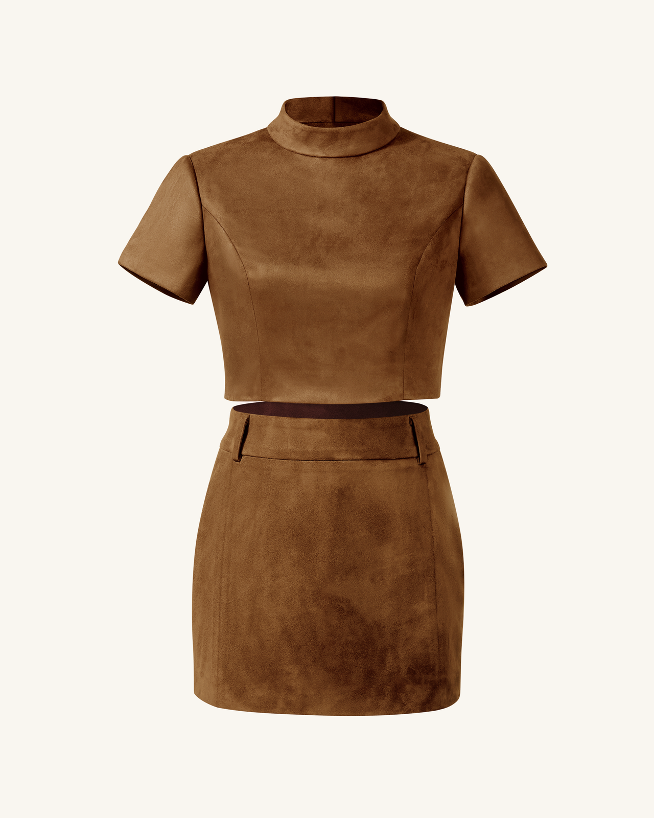 Grace Zweiteiliges Set aus Kunstwildleder - Crop-Top und Minirock - Camel