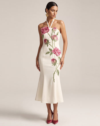 Rose Besticktes Neckholder-Midikleid - Naturweiß
