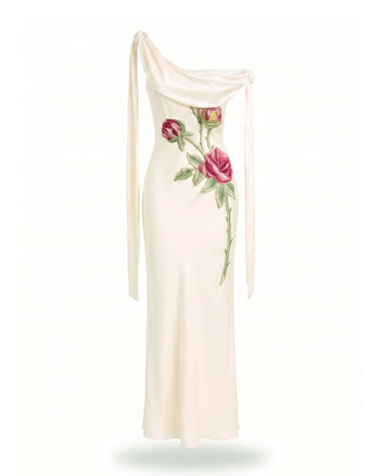 Rose Bestickte drapierte One-Shoulder-Robe - Reinweiß
