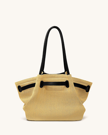 Hana  Medium Faux Straw Tote Bag - Brown Straw