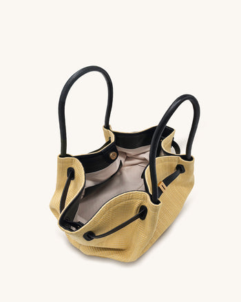 Hana  Medium Faux Straw Tote Bag - Brown Straw