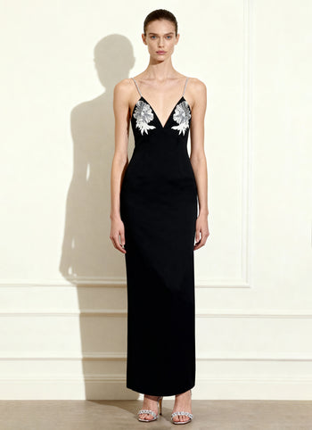 Ayliua Schwarzes langes Kleid mit Herzausschnitt und Strassverzierung - Schwarz