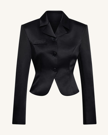Satin Taillierter Kurzer Blazer - Schwarz