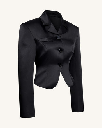 Satin Taillierter Kurzer Blazer - Schwarz