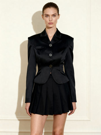 Satin Taillierter Kurzer Blazer - Schwarz