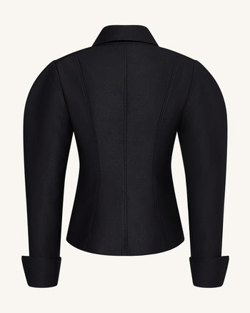 Keulenärmel-Blazer mit wellenförmiger Knopfleiste - Schwarz
