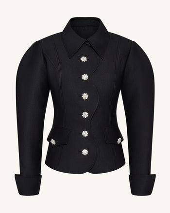 Keulenärmel-Blazer mit wellenförmiger Knopfleiste - Schwarz