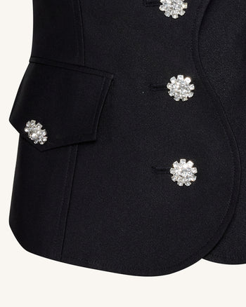 Keulenärmel-Blazer mit wellenförmiger Knopfleiste - Schwarz