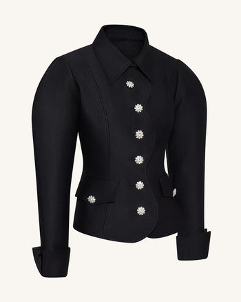 Keulenärmel-Blazer mit wellenförmiger Knopfleiste - Schwarz