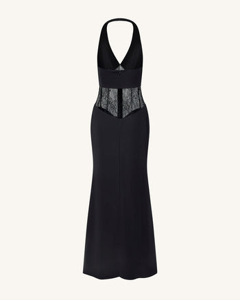 Gerafftes Maxikleid mit Spitzeneinsatz - Schwarz