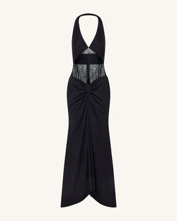 Gerafftes Maxikleid mit Spitzeneinsatz - Schwarz