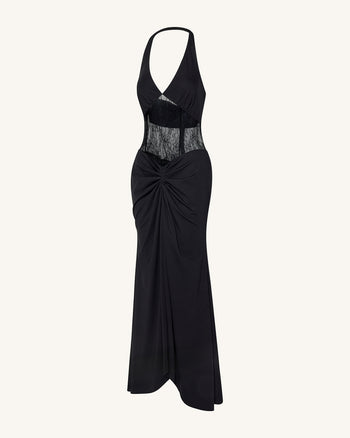 Gerafftes Maxikleid mit Spitzeneinsatz - Schwarz