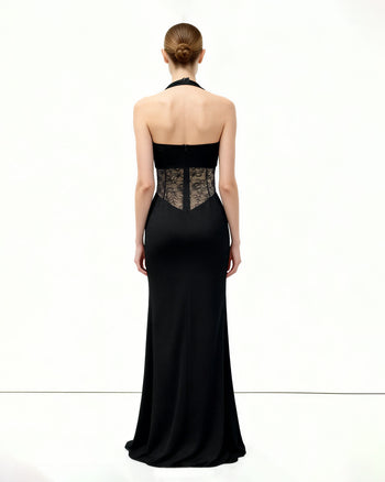 Gerafftes Maxikleid mit Spitzeneinsatz - Schwarz