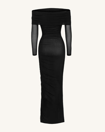 Gerafftes Carmen-Meerjungfrauen-Maxikleid mit Netzärmeln - Schwarz