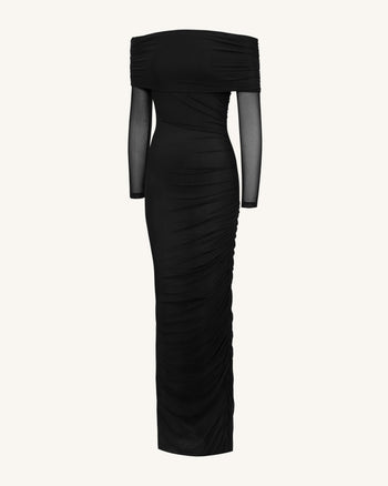 Gerafftes Carmen-Meerjungfrauen-Maxikleid mit Netzärmeln - Schwarz