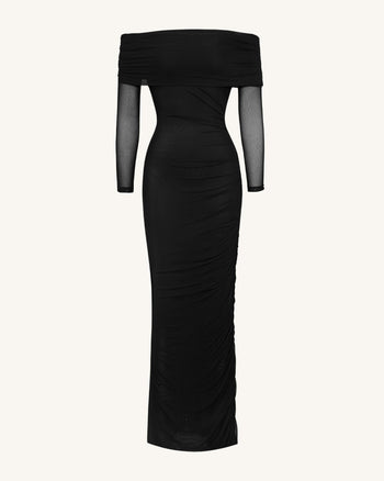 Gerafftes Carmen-Meerjungfrauen-Maxikleid mit Netzärmeln - Schwarz