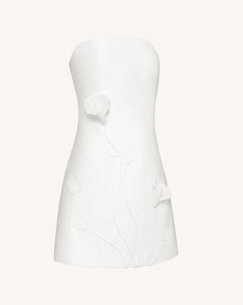 Trägerloses Mini-Kleid mit 3D-Rankenblumen – Weiß
