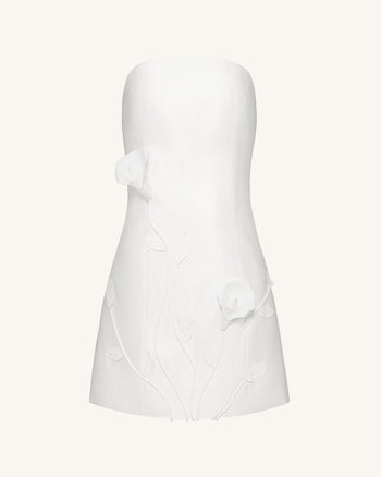 Trägerloses Mini-Kleid mit 3D-Rankenblumen – Weiß