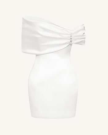Weißes Satin-Minikleid mit asymmetrischer Schleife