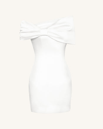 Weißes Satin-Minikleid mit asymmetrischer Schleife