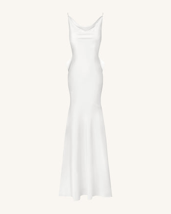Satin Maxikleid mit Wasserfallausschnitt und Rückenschleife - Weiß