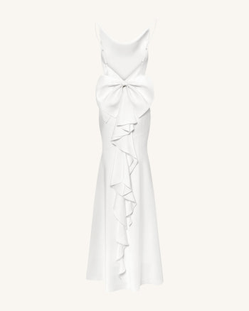 Satin Maxikleid mit Wasserfallausschnitt und Rückenschleife - Weiß