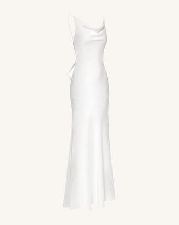 Satin Maxikleid mit Wasserfallausschnitt und Rückenschleife - Weiß