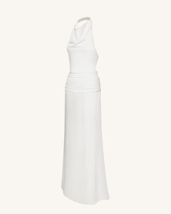 Satin Gerafftes Maxikleid mit Wasserfallausschnitt - Weiß