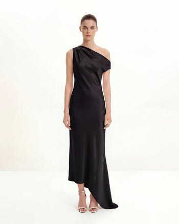 Satiniertes, drapiertes asymmetrisches One-Shoulder-Kleid - Schwarz