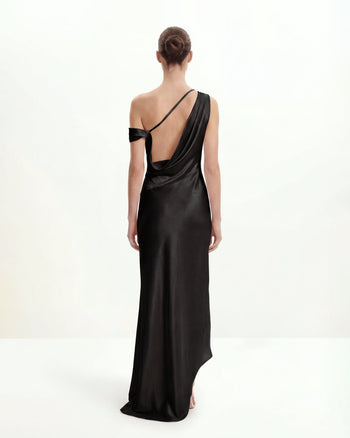 Satiniertes, drapiertes asymmetrisches One-Shoulder-Kleid - Schwarz