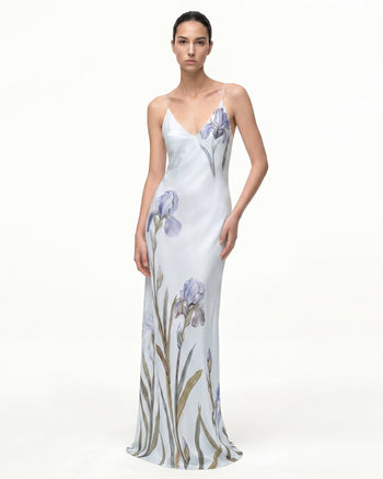 Satin-Slip-Kleid mit Iris-Motiv - Hellblau